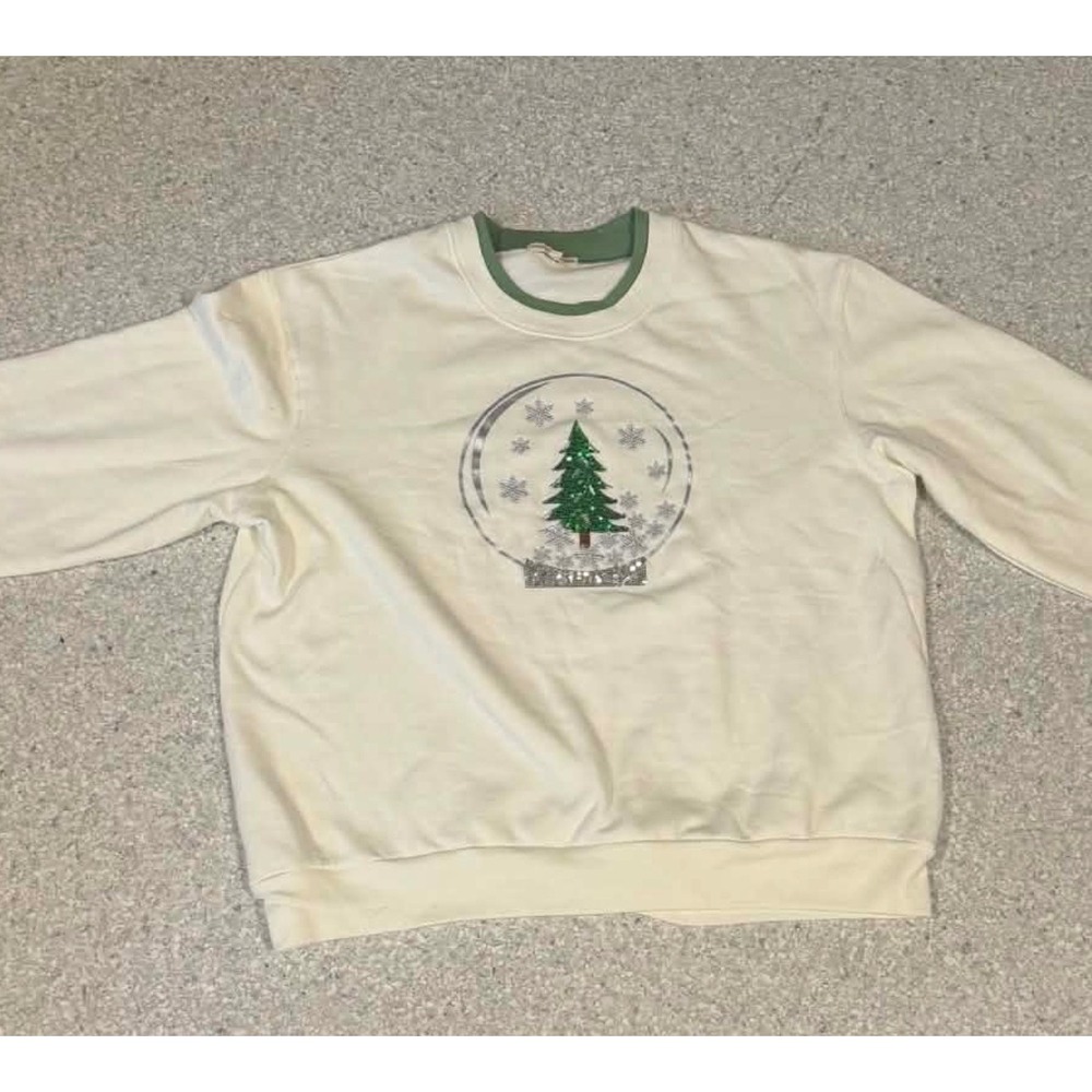 Margaux & Lexi Christmas Snow Globe Sequin Tree Sweatshirt Cream XXL Holiday